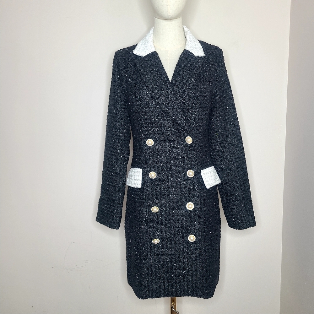 ALEXIA ADMOR Diana Double Breasted‎ Tweed Blazer Mini Dress Pearl Button Sz 4